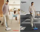 Porównanie mopów myjących: mężczyzna z psem i mopem Hizero po lewej, kobieta z odkurzaczem Dyson po prawej.