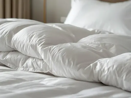 Biała, puszysta kołdra i poduszki na hotelowym łóżku.