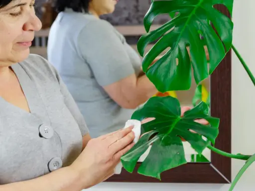 Kobieta czyści liście monstery wilgotną ściereczką.