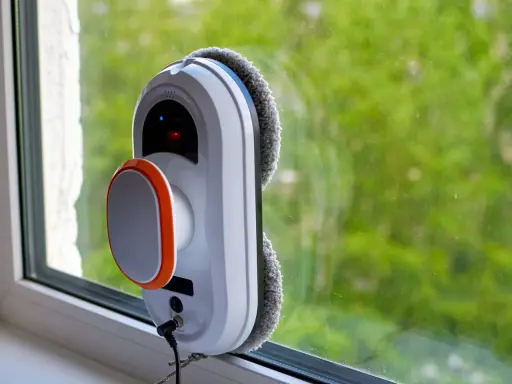 Robot do mycia okien przyczepiony do szyby, z widokiem na zielone drzewa.