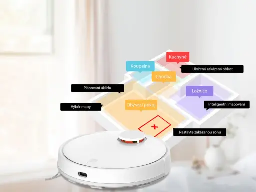 Robot sprzątający Xiaomi Vacuum Mop Pro na tle mapy mieszkania z zaznaczonymi strefami.