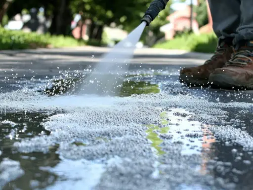 Dysza myjki ciśnieniowej spryskuje wodą i pianą chodnik, widać buty użytkownika.