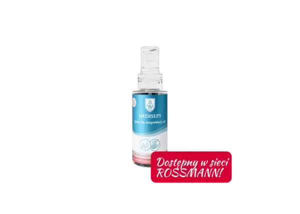 Butelka sprayu do dezynfekcji rąk MEDISEPT z napisem "Dostępny w sieci ROSSMANN!".