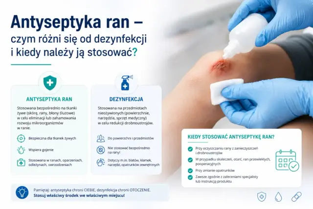 Ręka w niebieskiej rękawiczce aplikuje płyn do dezynfekcji ran na skaleczenie na kolanie.
